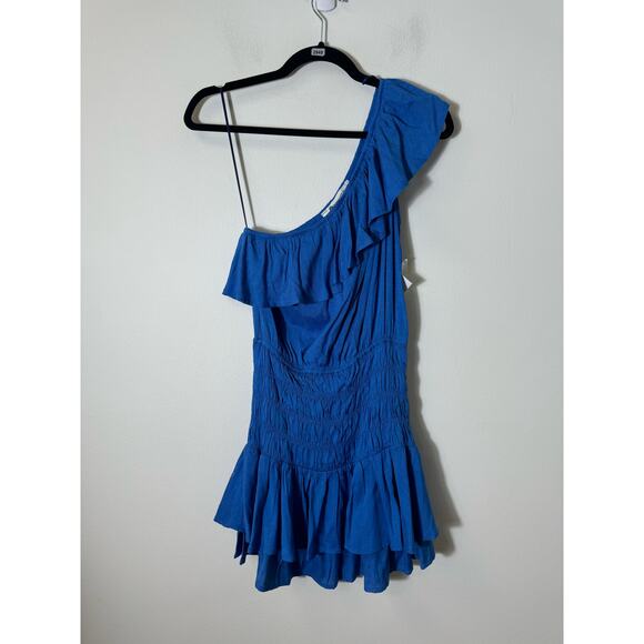 NWT Impeccable Pig Blue One Shoulder Smocked Mini Dress Sz S - Picture 1 of 3